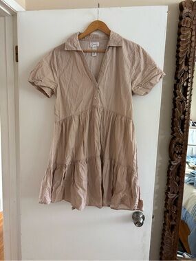 Anna Striped Button-Up Shirt — Beige and White